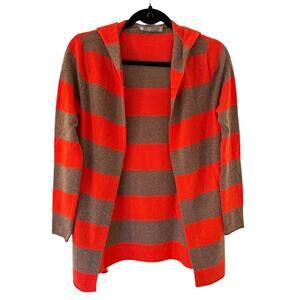 InCashmere Cashmere Hooded Sweater Small Orange Brown Stripe Open Cardigan